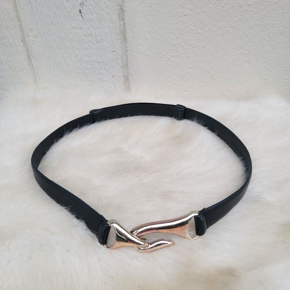 Chicos Black Leather Belt Size M/L Silver Hook